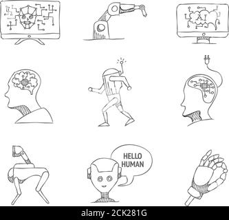 Artificial intelligence concept icons in sketch style. Vector hand drawn doodle of industrial technology. Stock Vector