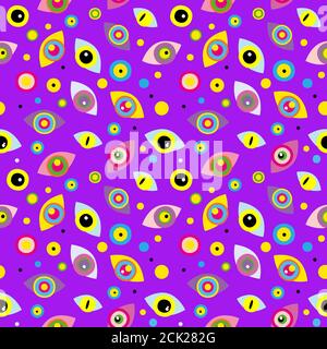 Seamless pattern with colorful abstract eyes, dots on purple background Stock Photo
