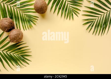 Tropical green leaves palm fronds and coconuts isolated on yellow background. the apartment lay, top view Stock Photo
