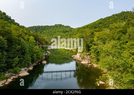 Aerial view of 1912 historic metal truss Jenkinsburg Bridge near Mt Nebo and Morgantown over Cheat River Stock Photo
