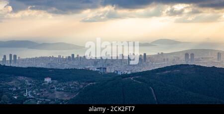 Panoramic view of Istanbul from a high hill. High buildings in Kartal and Maltepe districts and the view of Buyukada, Prince Islands in the background Stock Photo