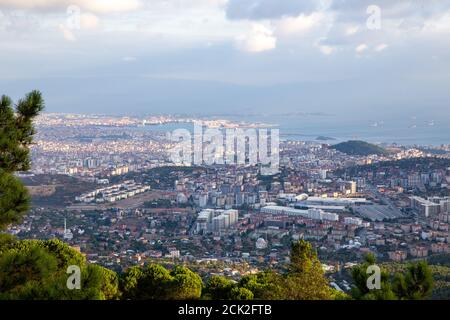 High angle aerial view of Pendik district and Tuzla Shipyard in the background on September 11, 2020. Pendik is a district of Istanbul, Turkey. Stock Photo