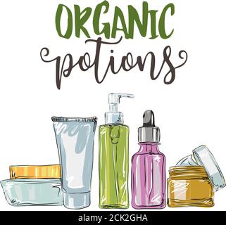 Hand drawn set of essential oils,  Medicinal herb with glass dropper bottle, Good for cosmetics, medicine, treating, aromatherapy, package design heal Stock Vector