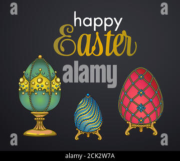 Easter golden egg with vintage baroque ornament. Faberge egg collected in a luxurious Easter collection, Hand drawn lettering "Happy EASTER". Stock Vector