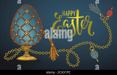 Easter golden egg with vintage baroque ornament. Faberge egg collected in a luxurious Easter collection, Hand drawn lettering "Happy EASTER". Stock Vector