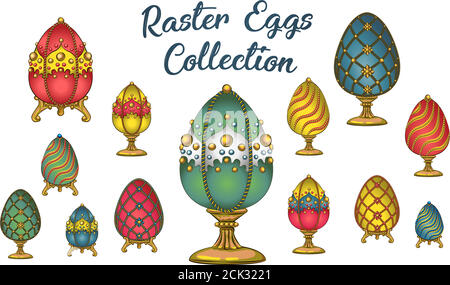 Easter golden egg with vintage baroque ornament. Faberge egg collected in a luxurious Easter collection, Hand drawn lettering "Happy EASTER". Stock Vector