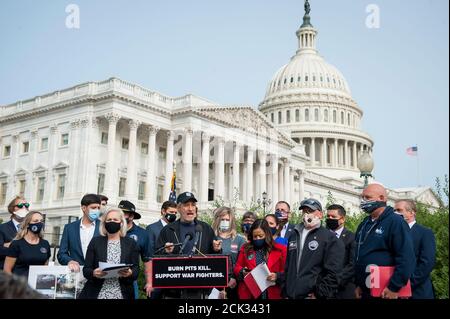 Comedian Jon Stewart, offers remarks during a press conference regarding legislation to assist veterans exposed to burn pits, outside the US Capitol in Washington, DC., Tuesday, September 15, 2020. Credit: Rod Lamkey/CNP | usage worldwide Stock Photo