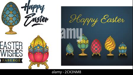 Easter golden egg with vintage baroque ornament. Faberge egg collected in a luxurious Easter collection, Hand drawn lettering "Happy EASTER". Stock Vector