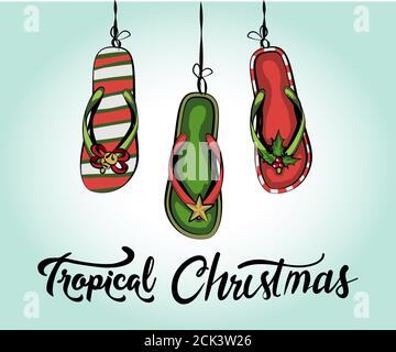 beach slippers slippers vietnamese shoes decorated in the style of christmas decorations on the beach by the sea, christmas slippers oreginal decorati Stock Vector