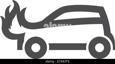 Car on fire icon in thick outline style. Black and white monochrome vector illustration. Stock Vector