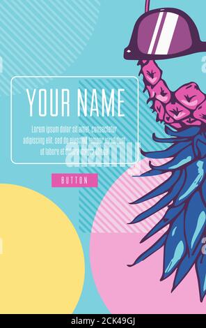 Pineapple in the style of a pop poster spring-summer, a banner in the fashionable Memphis style of the 80s-90s. Lettering and colorful design for post Stock Vector