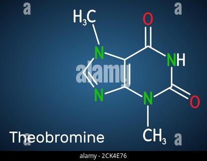 Theobromine, dimethylxanthine, purine alkaloid C7H8N4O2 molecule. It is xanthine alkaloid in the cacao bean. Structural chemical formula on the dark b Stock Vector