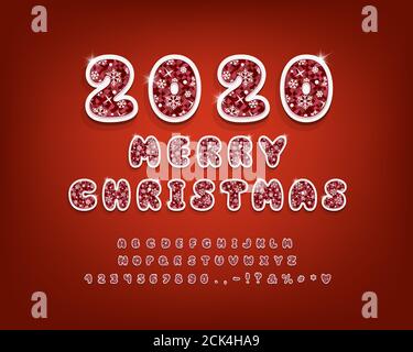 Merry Christmas sticker alphabet. Bubble 3D vector font with ice texture, white snowflakes and shining stars. Uppercase letters, numbers and marks. Stock Vector