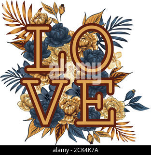 The word "love", lined with flowers and leaves. Editable Vector Cute floral card on a white background. Wedding invitation. Valentines day greeting ca Stock Vector