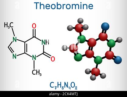 Theobromine, dimethylxanthine, purine alkaloid C7H8N4O2 molecule. It is xanthine alkaloid in the cacao bean. Structural chemical formula and molecule Stock Vector