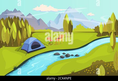 Summer camping and nature tourism concept. Camping in nature by the river with barbecue. Landscape with mountains, forest, river and tent, vector Stock Vector