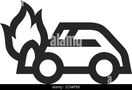 Car on fire icon in thick outline style. Black and white monochrome vector illustration. Stock Vector