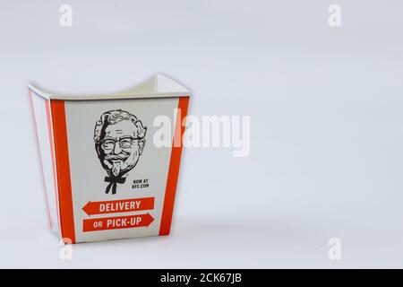 CLEVELAND OH US 15 SEPTEMBER 2020: Box with KFC logo on table in KFC Restaurant Stock Photo