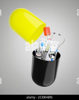 Medical devices spilled out of large black and yellow antibiotic capsules on a gray-white background. The concept of maintaining good health by taking Stock Photo