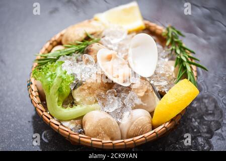 Seafood shellfish with ice frozen on basket / Fresh shell clam with herb ingredients for salad , enamel venus shell , saltwater clams Stock Photo
