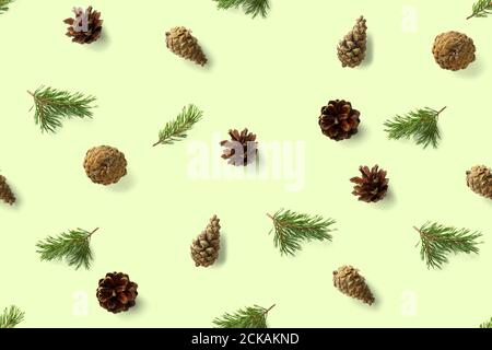 seamless christmas pattern from Pine cones on green background. modern pine cone christmas collage. Print for paper, fabric, wallpaper pinecones Stock Photo