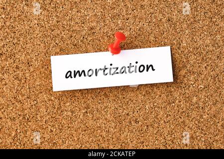 Amortization. Word written on a piece of paper or note, cork board background. Stock Photo