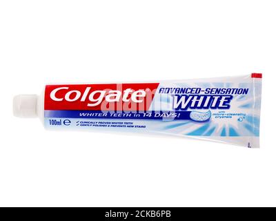 BUCHAREST, ROMANIA - FEBRUARY 06, 2017. Colgate Toothpaste, Advanced Sensation White, isolated on white Stock Photo