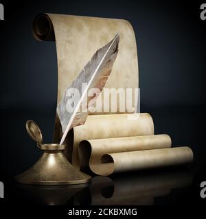 Ancient parchment, inkwell and quill. 3D illustration. Stock Photo