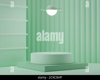 3d rendering cylinder podiums on pastel green background for product mock up showcase. Abstract minimal geometric design. Stock Photo