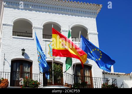 Spanish and European flags on the outside the town hall,, Nerja, Spain. Stock Photo