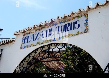 Main entrance to the bullring in the village centre, Mijas, Spain. Stock Photo