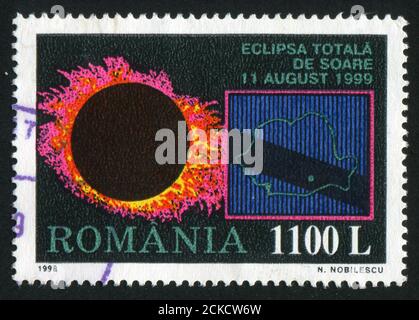 ROMANIA - CIRCA 1998: stamp printed by Romania, shows Total Eclipse of the Sun, 1999, circa 1998 Stock Photo