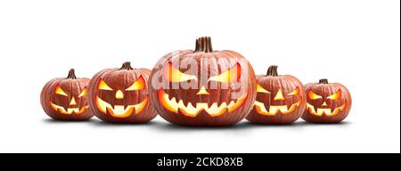 A group of five lit spooky halloween pumpkins, Jack O Lantern with evil face and eyes isolated against a white background. Stock Photo