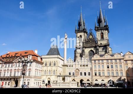 Prague Marian column Prague Old Town Square Tyn Church of Our Lady before Tyn Old Town Square Prague Czech Republic Europe Square City Architecture Stock Photo