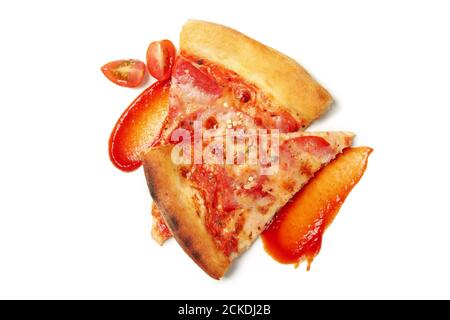 Tasty pizza slices and sauce isolated on white background Stock Photo