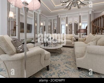 Luxurious living room with mirrored inserts on the walls with soft classic furniture in beige and light coffee colors.. 3D render Stock Photo