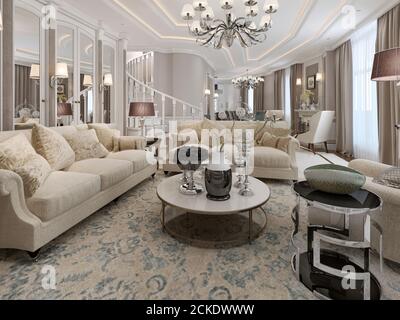 Luxurious living room with mirrored inserts on the walls with soft classic furniture in beige and light coffee colors.. 3D render Stock Photo