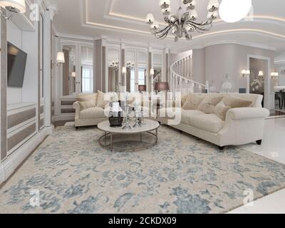 Luxurious living room with mirrored inserts on the walls with soft classic furniture in beige and light coffee colors.. 3D render Stock Photo