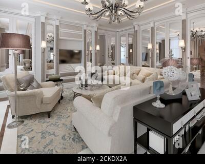 Luxurious living room with mirrored inserts on the walls with soft classic furniture in beige and light coffee colors.. 3D render Stock Photo