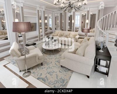 Luxurious living room with mirrored inserts on the walls with soft classic furniture in beige and light coffee colors.. 3D render Stock Photo