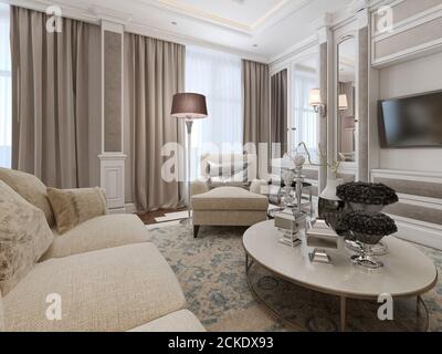 Luxurious living room with mirrored inserts on the walls with soft classic furniture in beige and light coffee colors.. 3D render Stock Photo