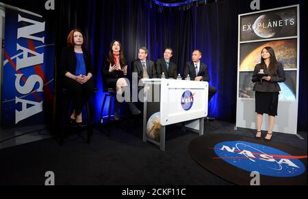 (L-R) Space Telescope Science Institute astronomer Nikole Lewis, MIT Professor of planetary science and physics Sara Seager, Sean Carey of NASA's Spitzer Science Center, University of Liege (Belgium) astronomer Michael Gillon and Associate Administrator for NASA's Science Mission Directorate Thomas Zurbuchen attend a news conference moderated by NASA Public Affairs Officer Felicia Chou, to present new findings on exoplanets, planets that orbit stars other than Earth's sun, in Washington, U.S., February 22, 2017. REUTERS/Mike Theiler