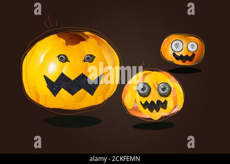 Funny and terrifying Halloween pumpkins, created with the photographic collage technique, can be cut out with the vector stroke included in the image. Stock Photo