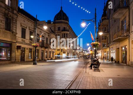 Lodz, Poland - August 5, 2020: Piotrkowska Street at night, city landmark and major tourist attraction Stock Photo