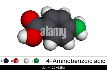 4-Aminobenzoic acid, p-Aminobenzoic acid, PABA molecule. It is essential nutrient for some bacteria and member of vitamin B complex. Molecular model. Stock Photo