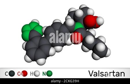 Valsartan molecule. It is used to treat high blood pressure, heart failure. Molecular model. 3D rendering Stock Photo