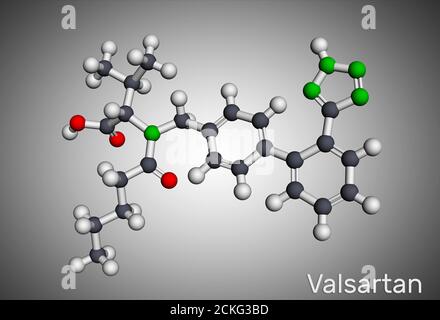 Valsartan molecule. It is used to treat high blood pressure, heart failure. Molecular model. 3D rendering Stock Photo