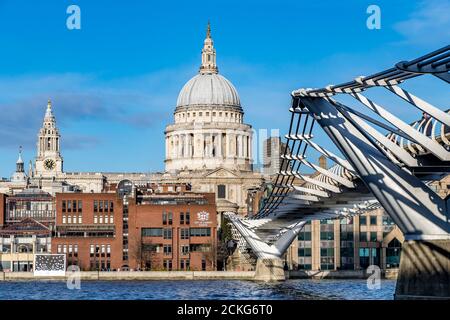 The  Millennium Bridge spanning The River Thames towards St. Paul's Cathedral famous domed roof ,London, UK