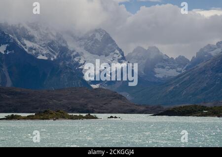 Pehoe lake and Cordillera Paine. Torres del Paine National Park. Ultima Esperanza Province. Magallanes and Chilean Antarctic Region. Chile. Stock Photo