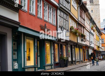 The Krämerbrücke (Merchants' bridge) is a medieval arch bridge in Erfurt, Thuringia in central Germany, which is lined with half timbered shops and ho Stock Photo